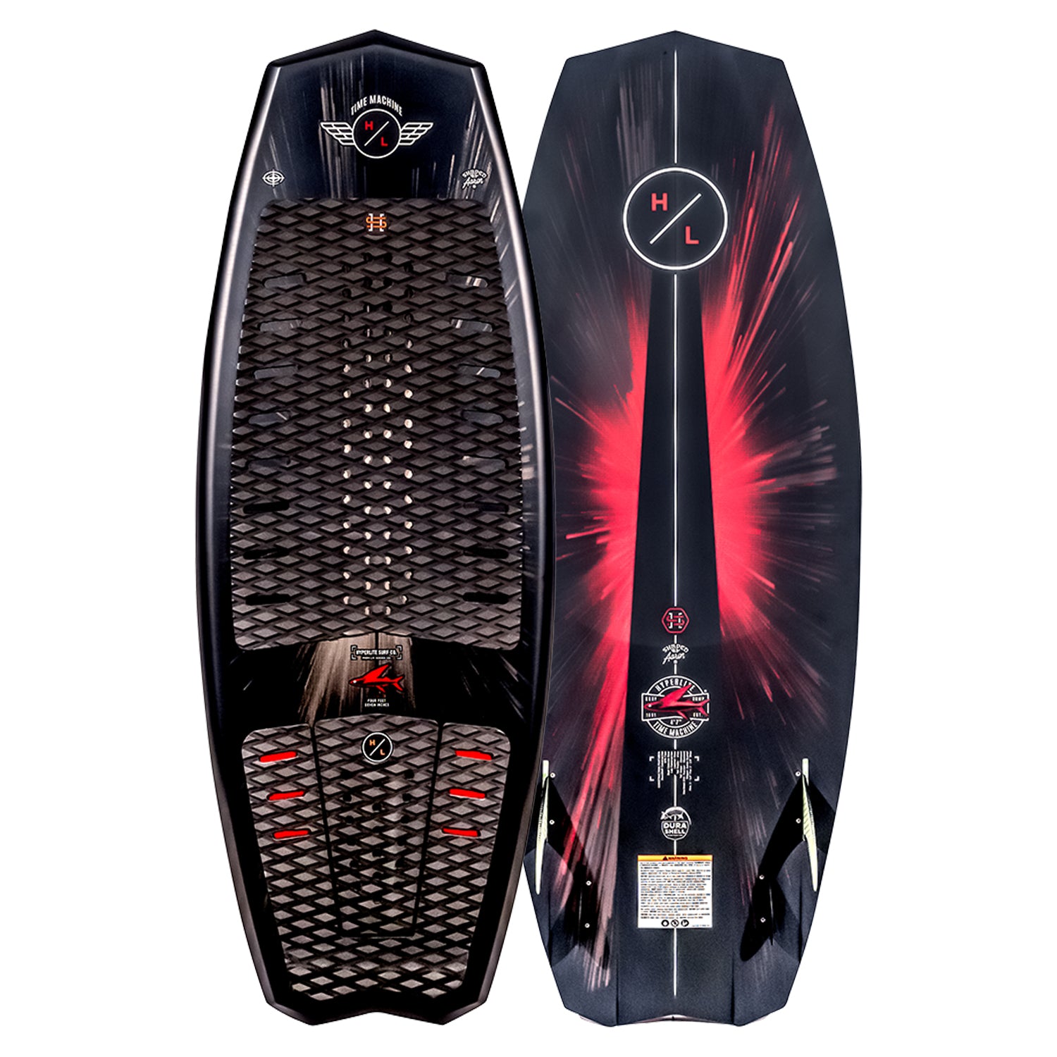 Top and base of black Time Machine wakeboard with red/white designs and Futures Fin boxes.