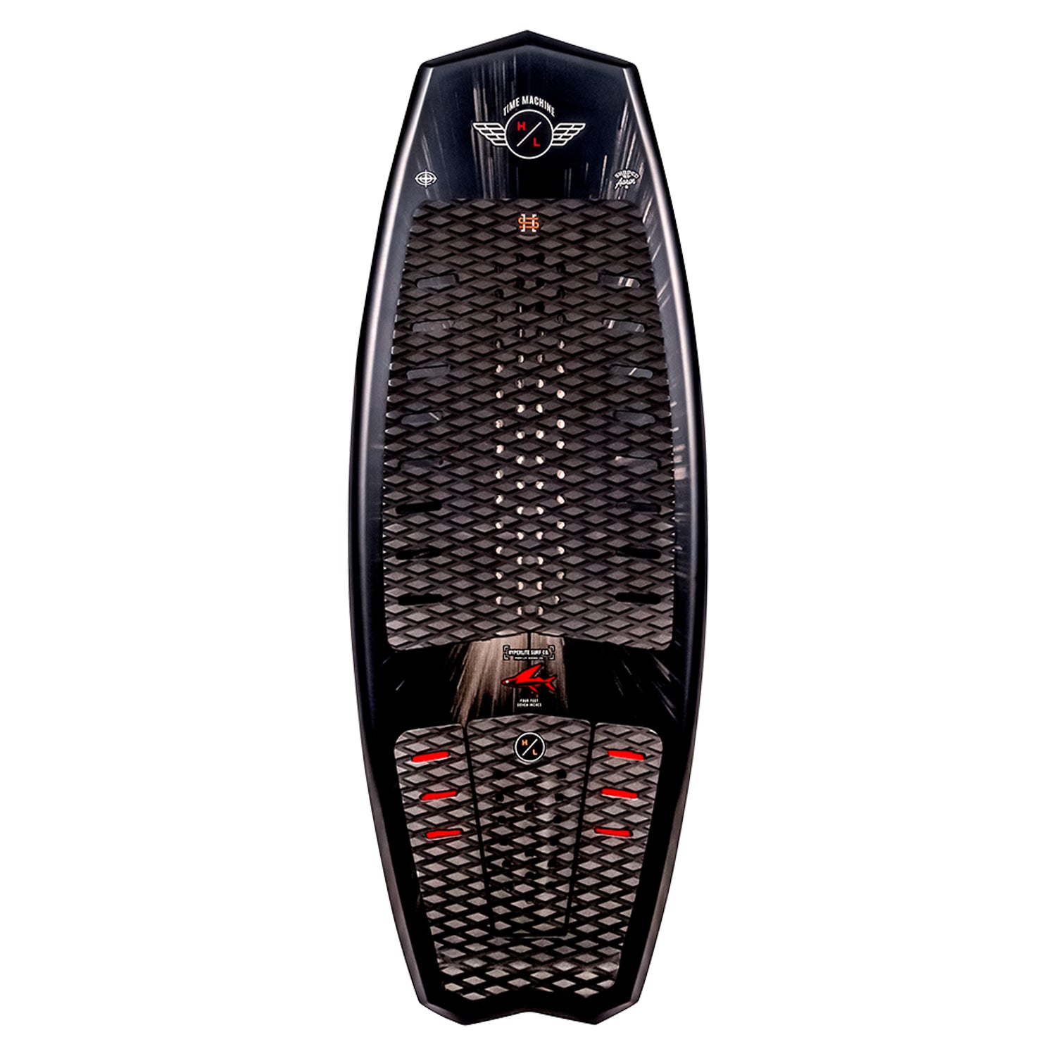 The Time Machine wakeboard in black and red with patterns, Futures Fin boxes, and a top logo.