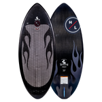 Top and base of black Transistor wakesurfer with flame designs and H and L logos, carbon woven.