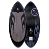 Top and base of black Transistor wakesurfer with flame designs and H and L logos, carbon woven.