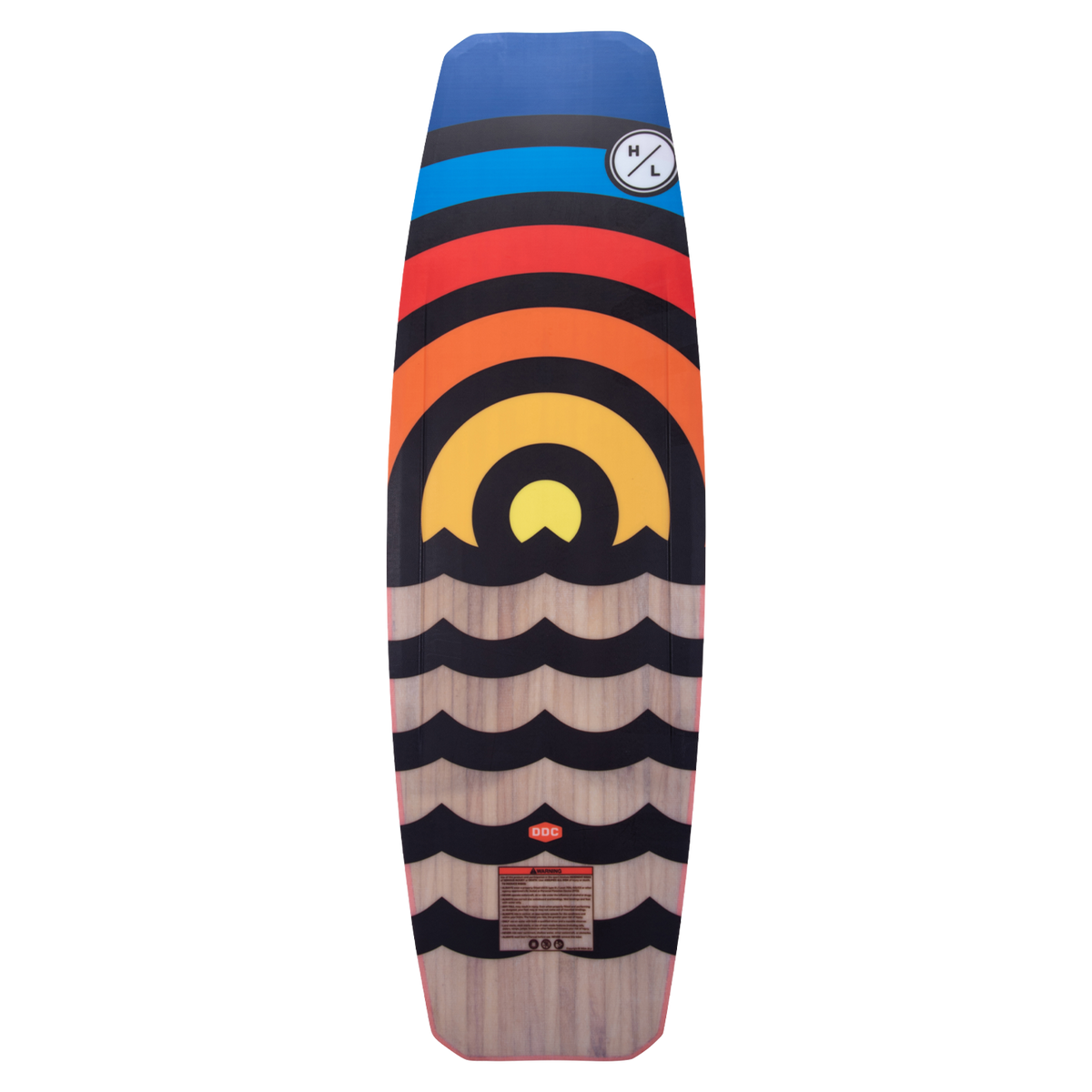 Union wakeboard with stripes and waves, featuring a top right Woodlite Core logo.
