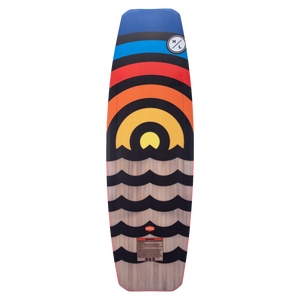 Union wakeboard with stripes and waves, featuring a top right Woodlite Core logo.