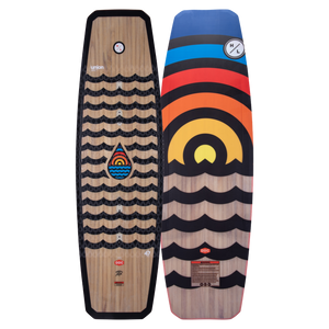 Top and base of colorful Union wakeboard with wave and drop motifs feature a strong Woodlite Core.