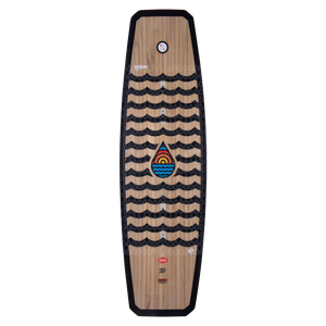 Union wakeboard with wavy black stripes, colorful drop logo, and Woodlite Core.