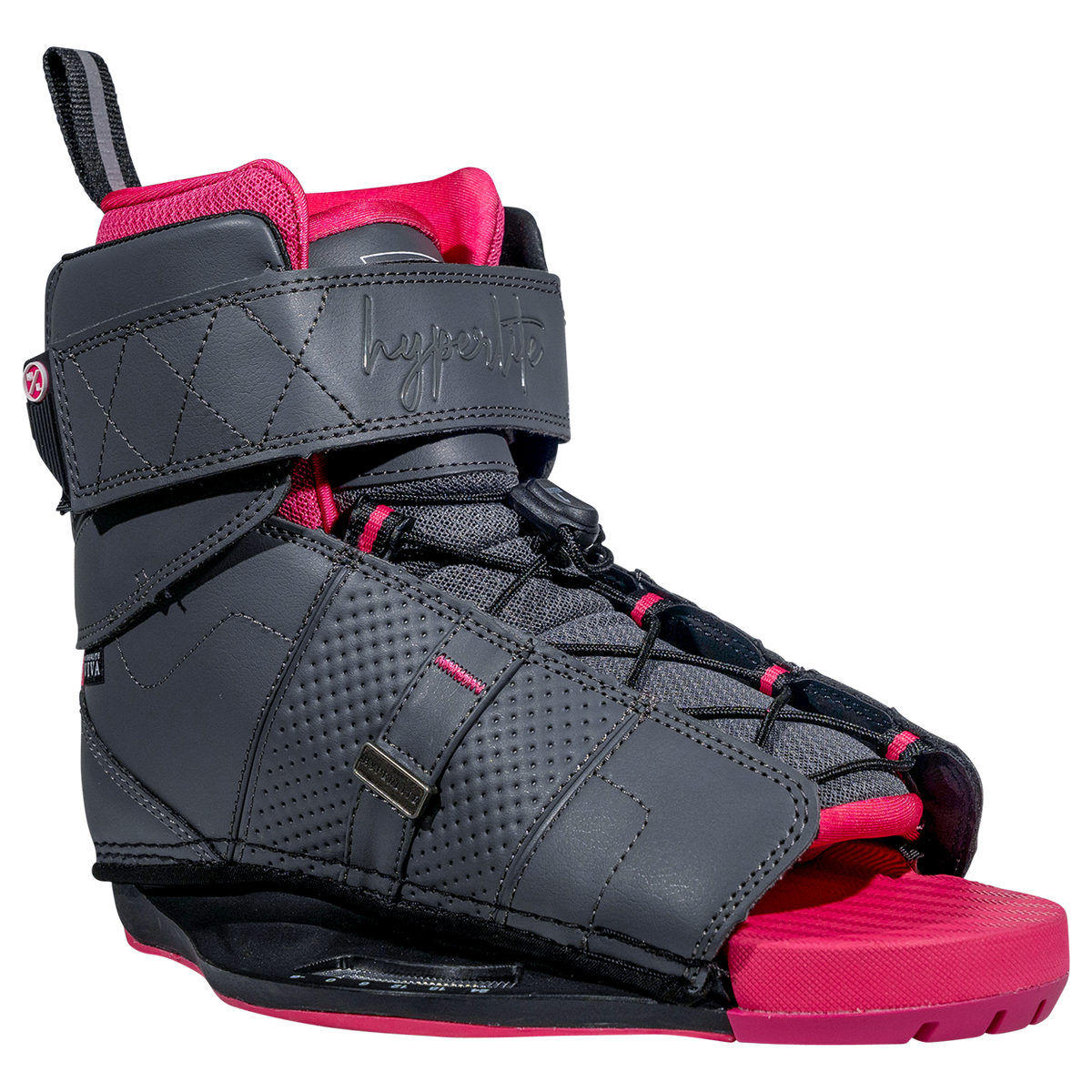 Viva Binding: Gray/pink, open toe, adjustable straps, textured finish.