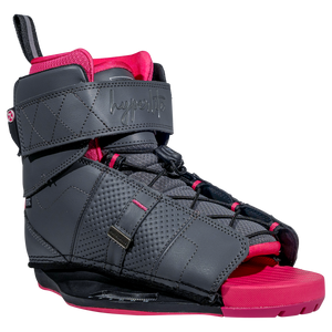 Viva Binding: Gray/pink, open toe, adjustable straps, textured finish.