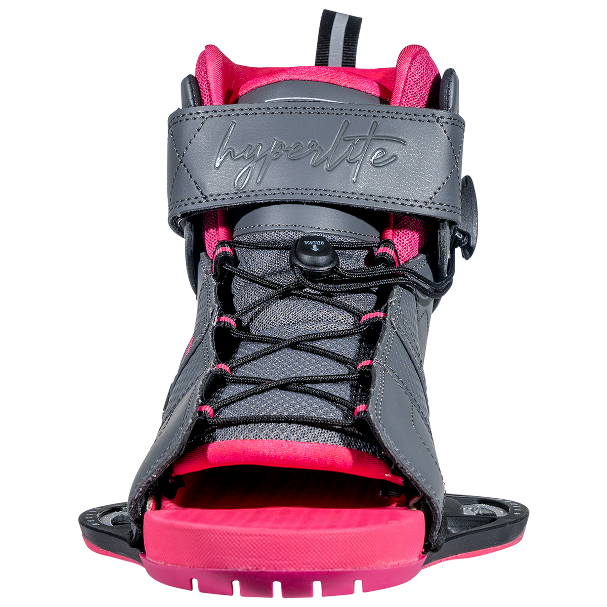 Front view of pink/gray Viva binding with black laces, open toe design.