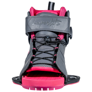 Front view of pink/gray Viva binding with black laces, open toe design.