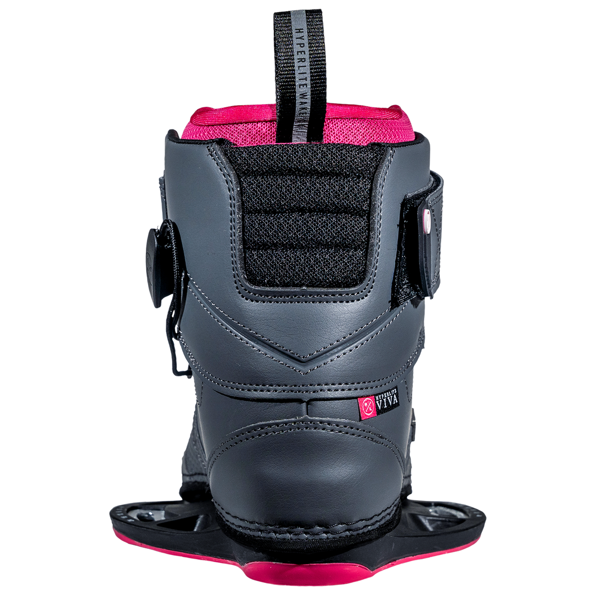 Back view of a black/pink snowboard boot with straps, featuring Viva Binding details.