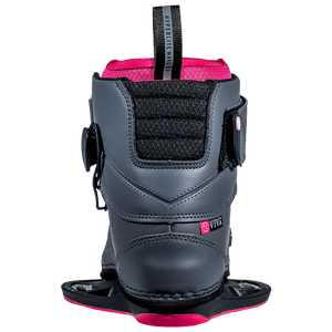 Back view of a black/pink snowboard boot with straps, featuring Viva Binding details.