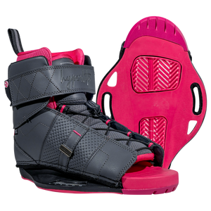 Prizm w/Viva Binding wakeboard boots in gray/pink with open toe & strap closure.