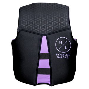 Black and purple Ambition life jacket by Hyperlite with True Flex Technology logo front.