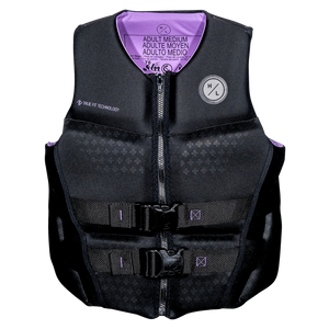 Ambition life vest: black with purple lining, buckle straps, and True Flex Technology.