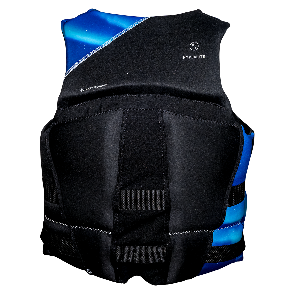 Womens Logic neoprene life vest in black and blue with Hyperlite logo.