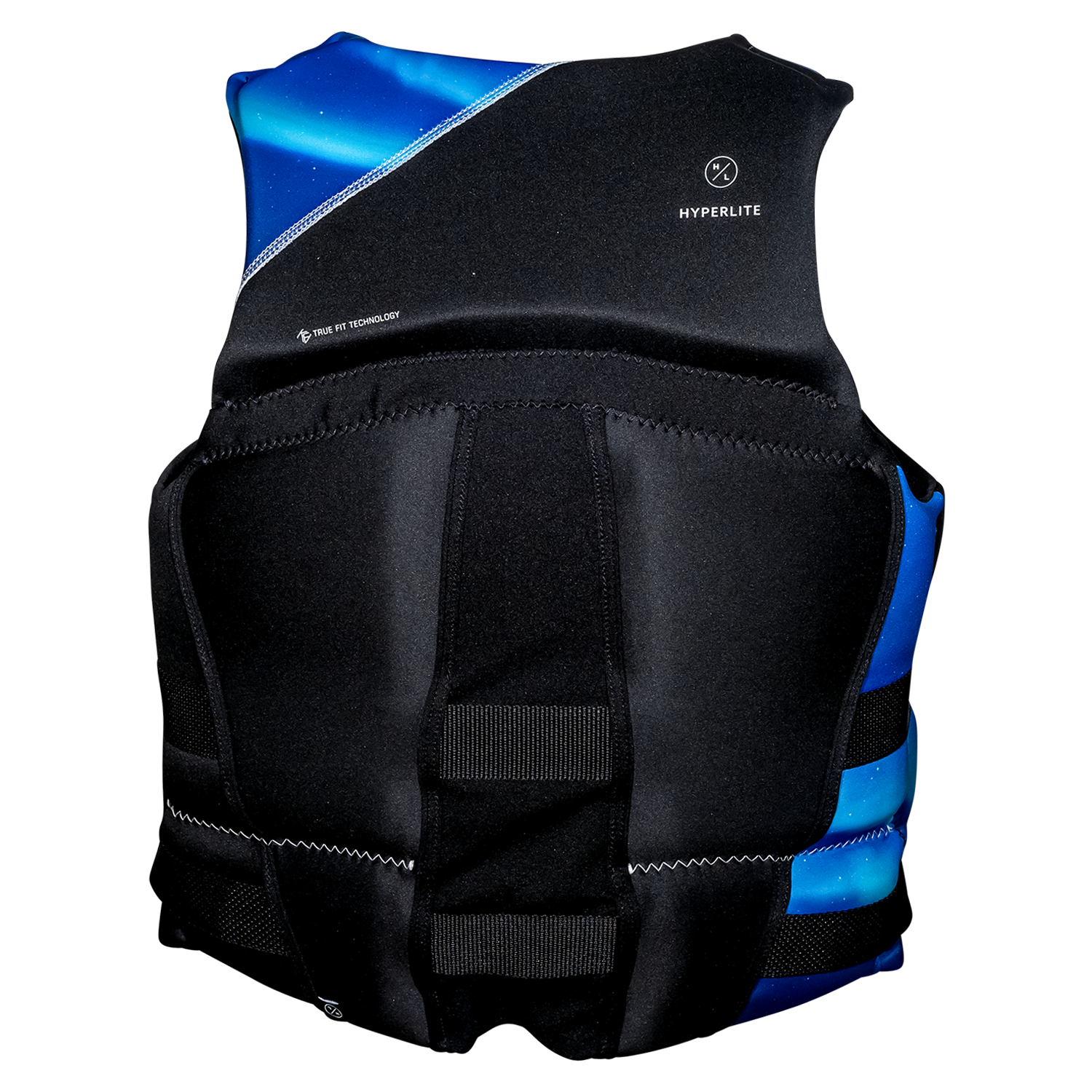 Womens Logic neoprene life vest in black and blue with Hyperlite logo.
