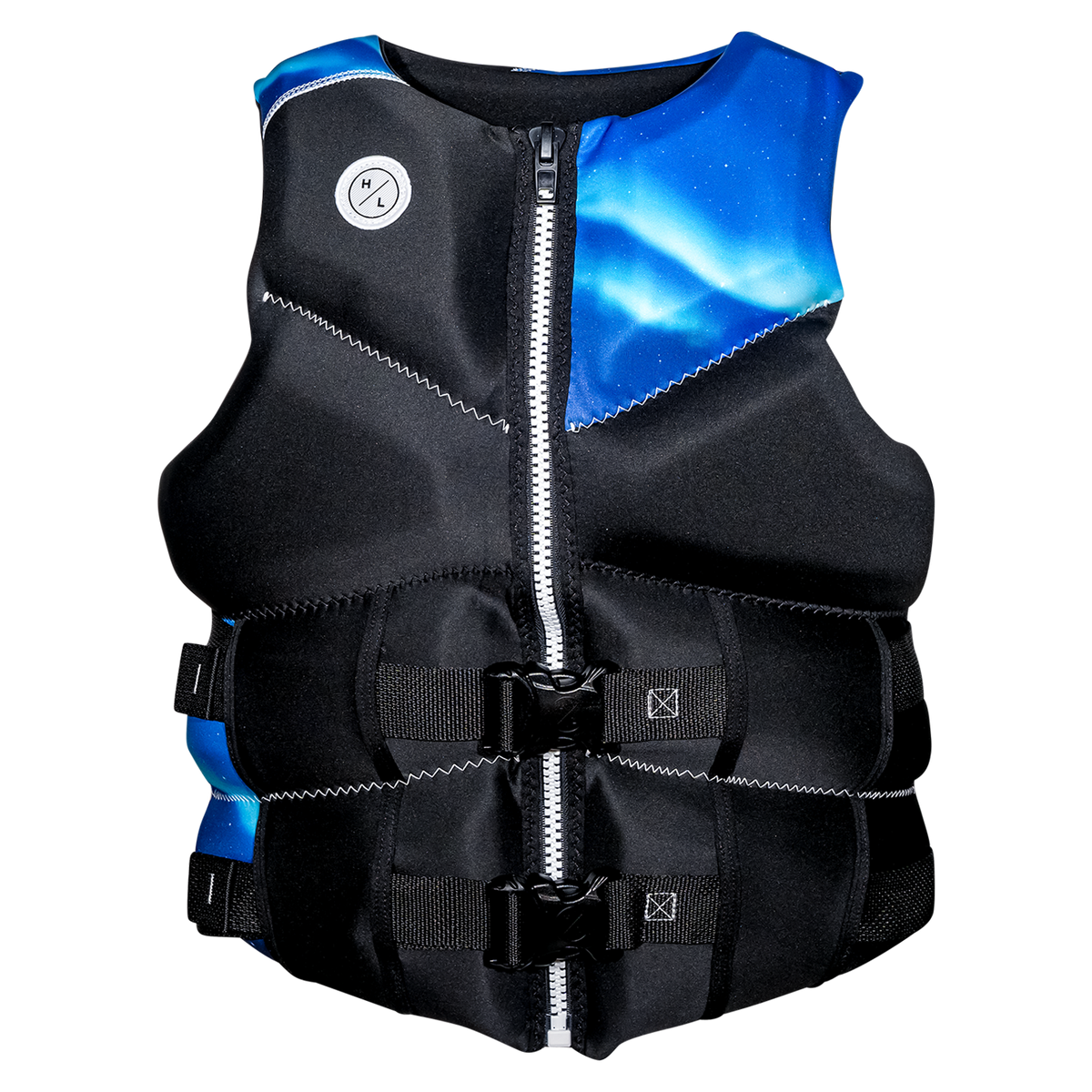 Womens Logic neoprene life vest, black/blue with zippers and buckles.