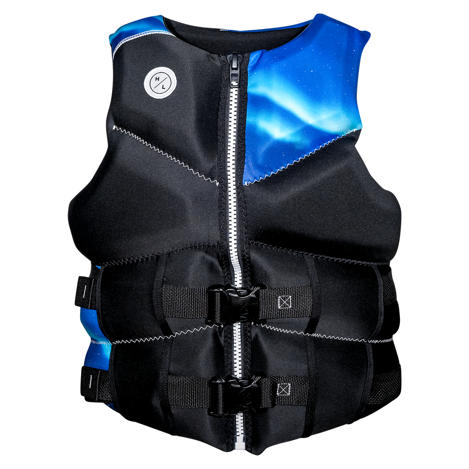 Womens Logic neoprene life vest, black/blue with zippers and buckles.