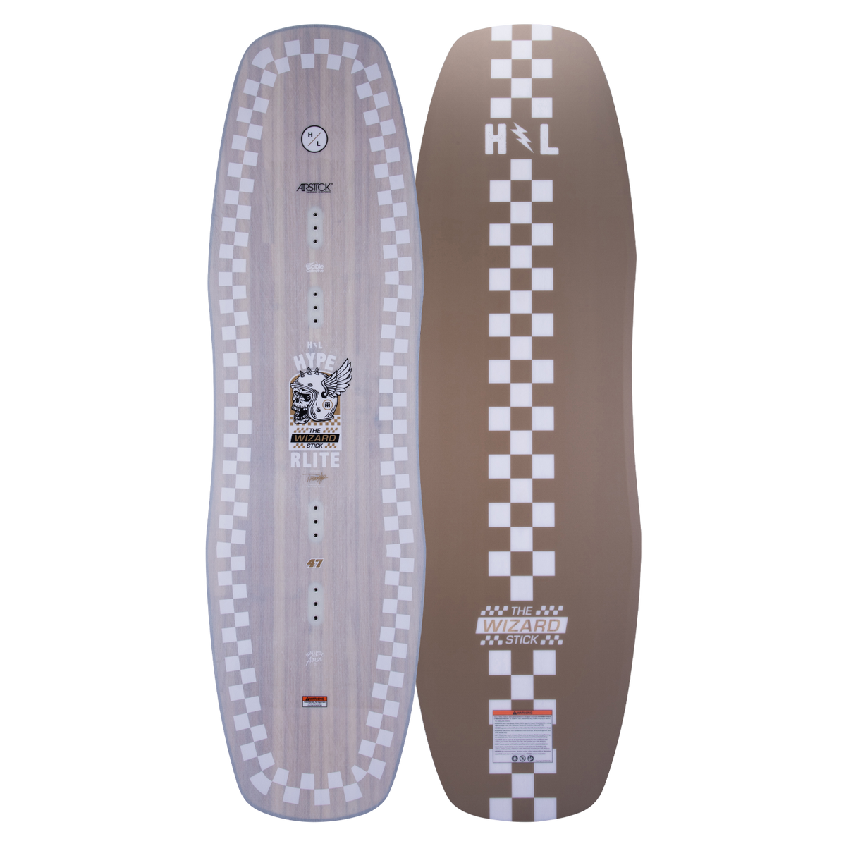 Checkered wakeboard with logos and Wizardstick text design.