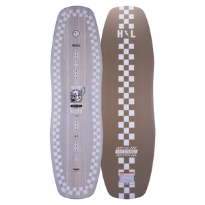 Checkered wakeboard with logos and Wizardstick text design.