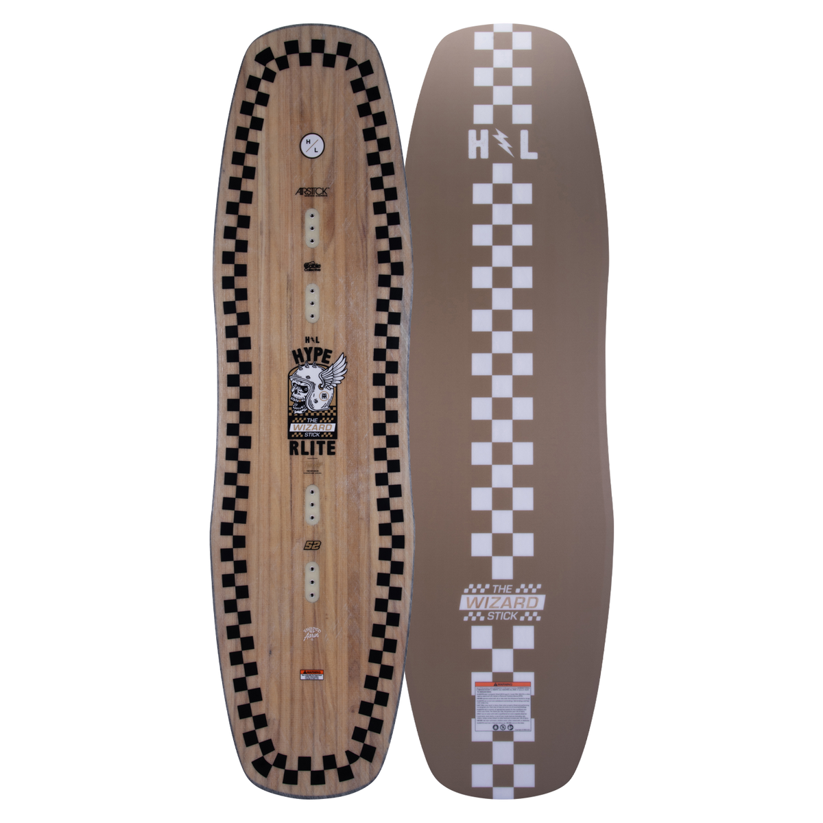 Top and base of Wizardstick wakeboard: checkered borders and brown Trever Maur pattern.