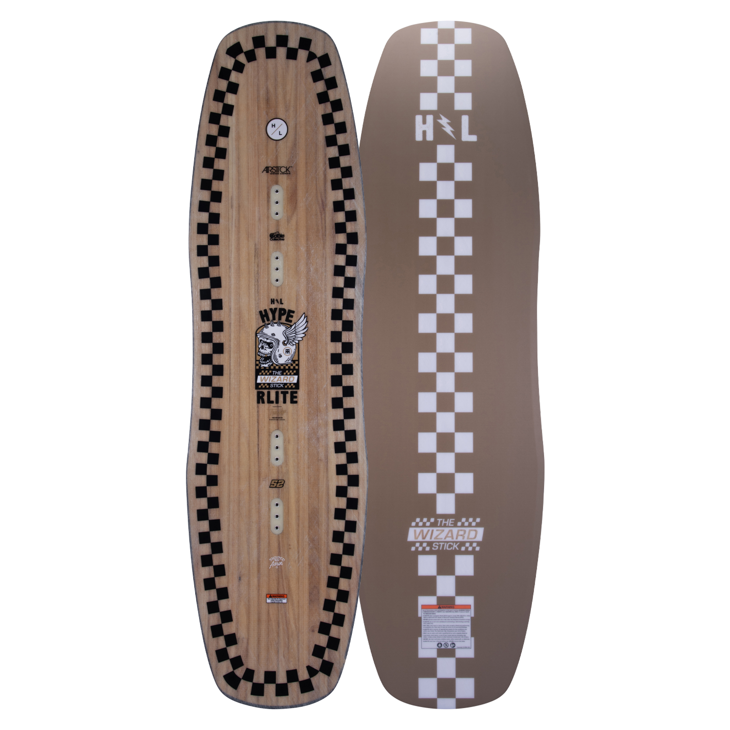 Top and base of Wizardstick wakeboard: checkered borders and brown Trever Maur pattern.