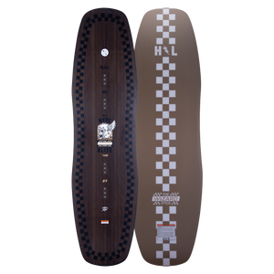 Top and base of Wizardstick wakeboard in brown with checkered patterns and intricate designs.
