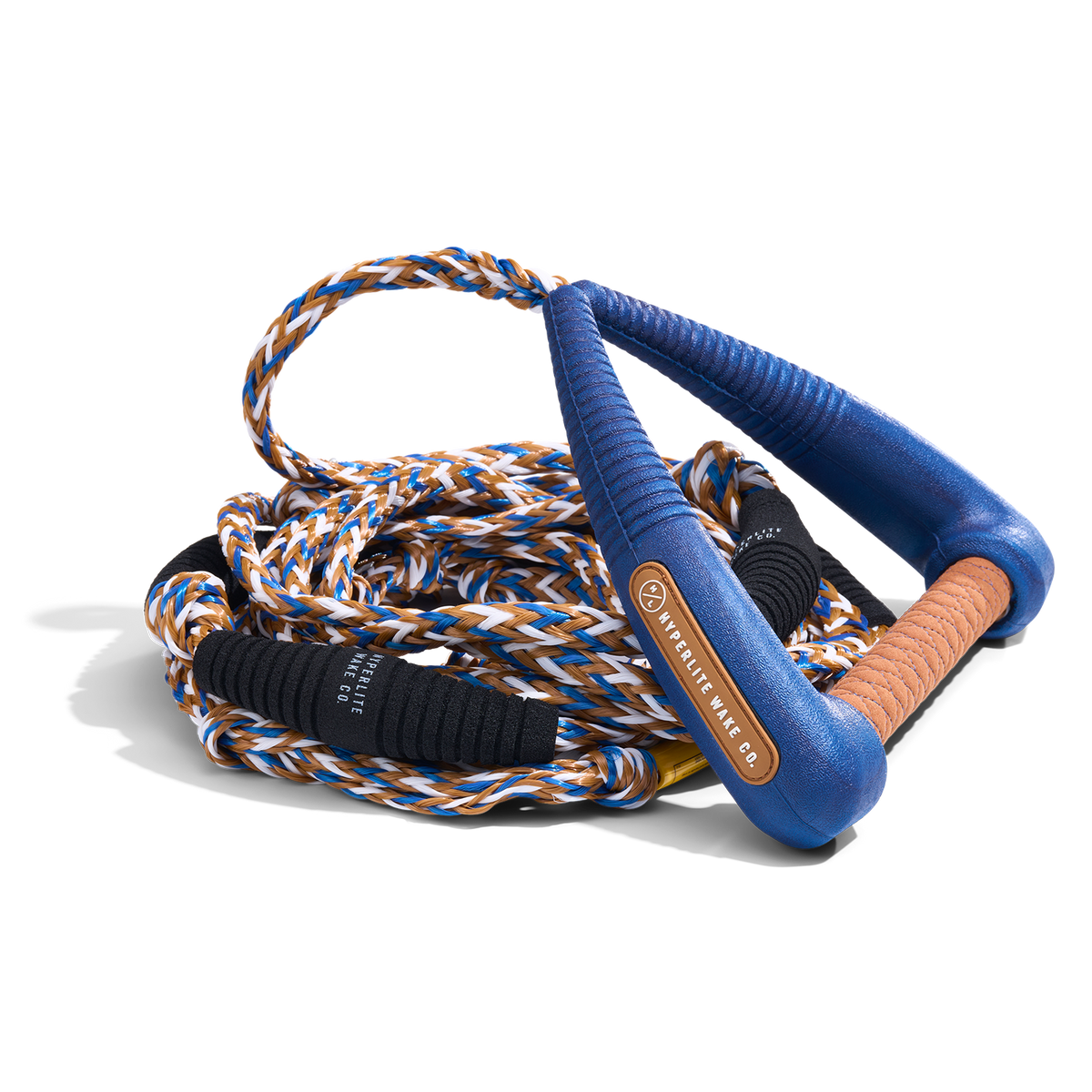 Coiled 25' Pro Surf Rope - Blue featuring padded blue handle and grip.