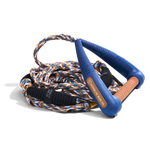 Coiled 25' Pro Surf Rope - Blue featuring padded blue handle and grip.
