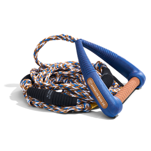 Coiled 25' Pro Surf Rope - Blue featuring padded blue handle and grip.