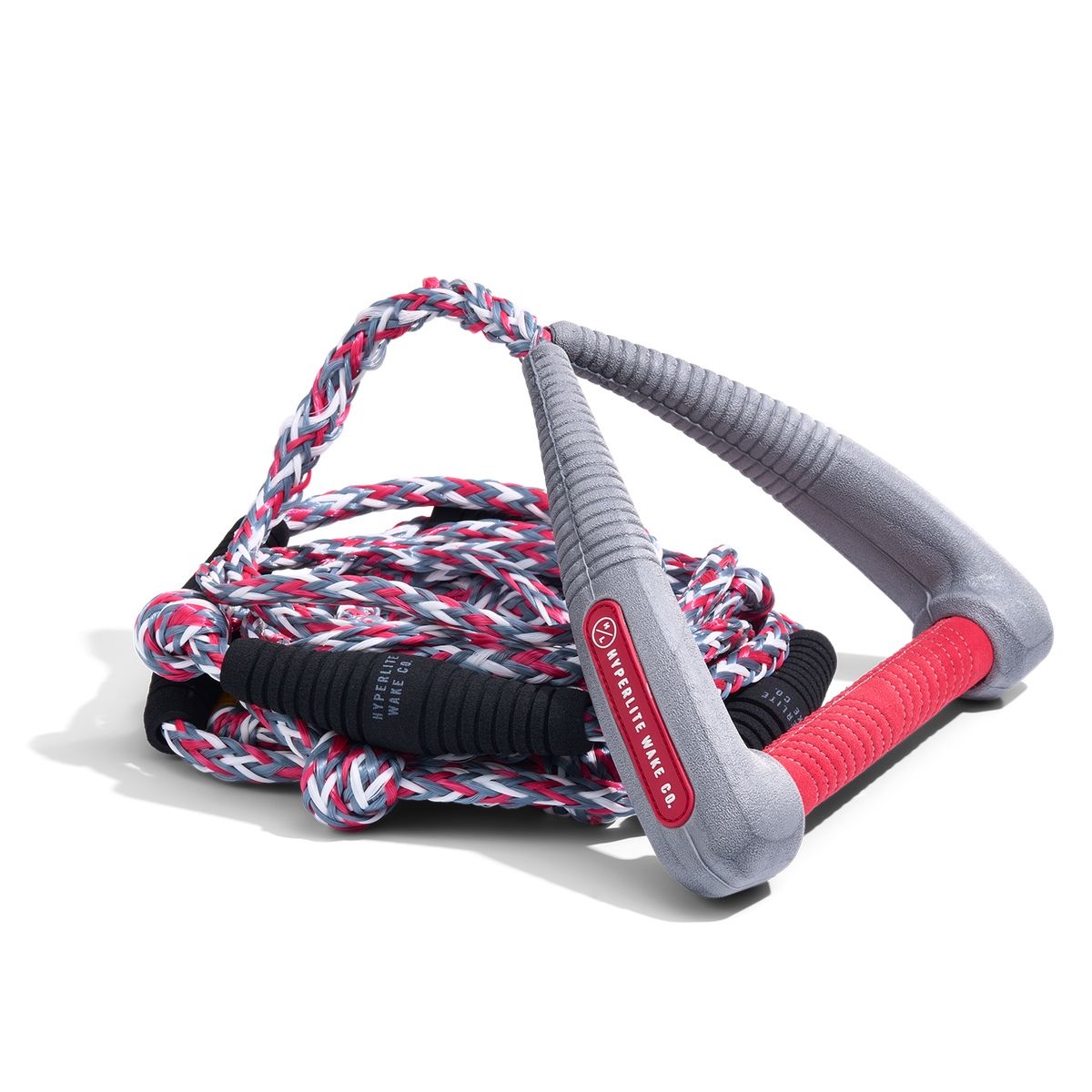 Angled view of 30' Pro Surf Rope - Grey featuring padded handle and grip.