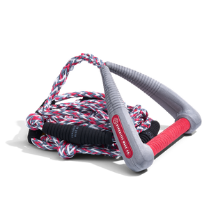 Angled view of 30' Pro Surf Rope - Grey featuring padded handle and grip.