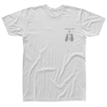 Front view of a white short-sleeve t-shirt with a small graphic of a peaceful woman wearing a hat and praying hands, ‘Hyperlite’ text above, and small mint green accents on the left chest area.