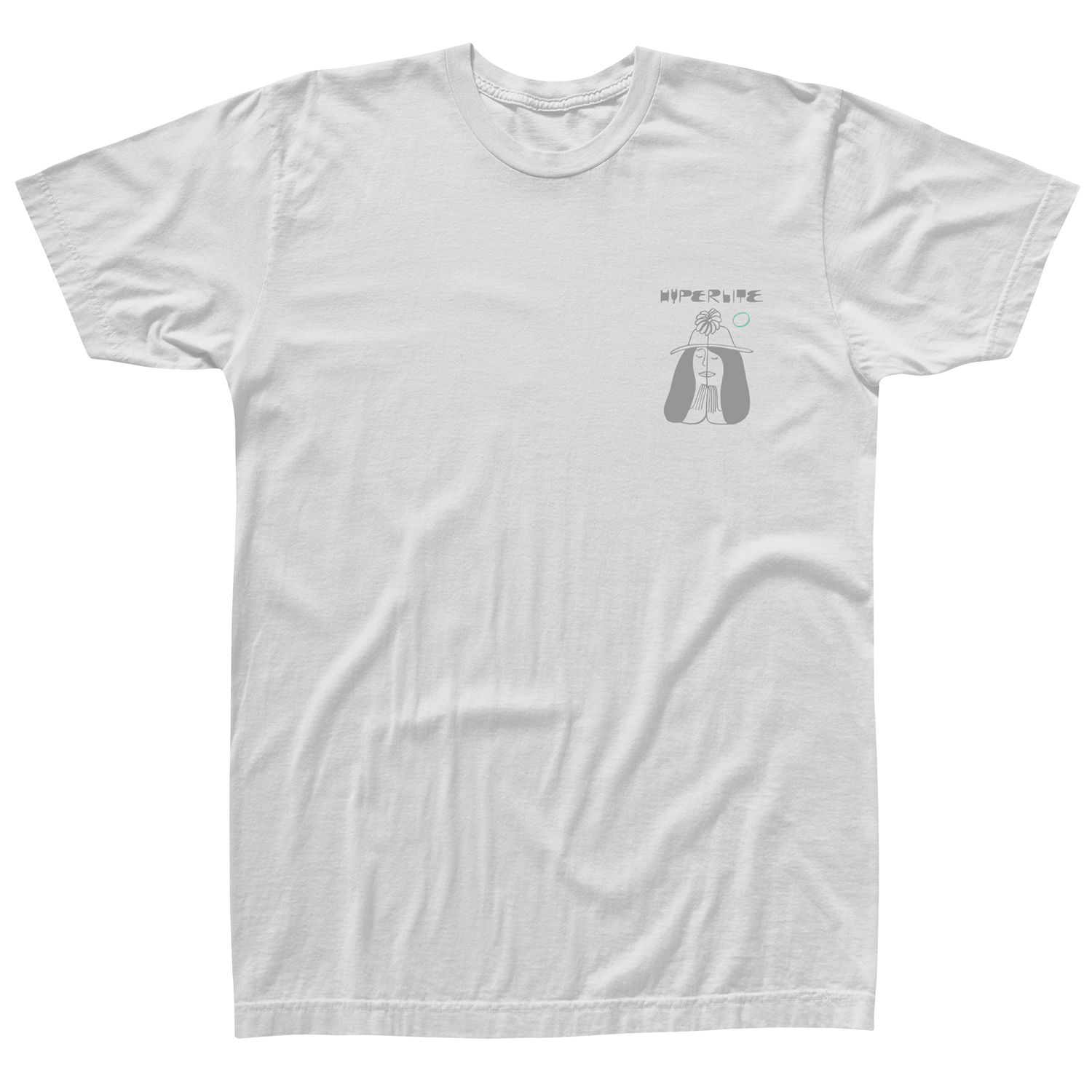 Front view of a white short-sleeve t-shirt with a small graphic of a peaceful woman wearing a hat and praying hands, ‘Hyperlite’ text above, and small mint green accents on the left chest area.