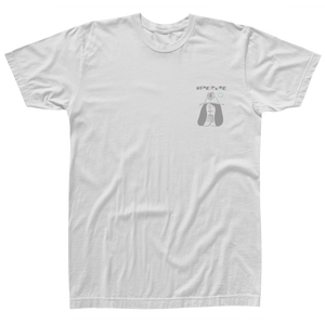 Front view of a white short-sleeve t-shirt with a small graphic of a peaceful woman wearing a hat and praying hands, ‘Hyperlite’ text above, and small mint green accents on the left chest area.