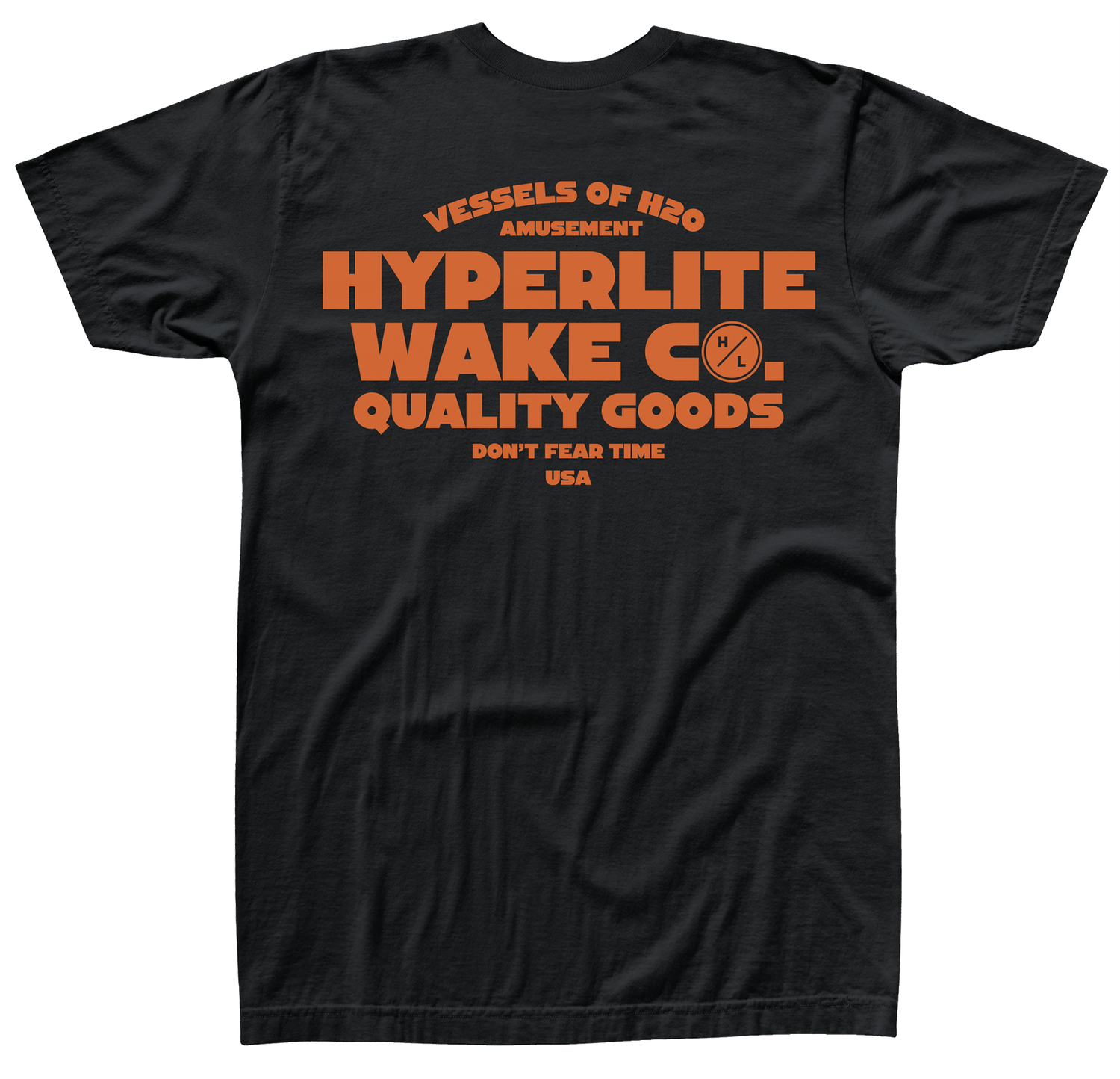 Back view of black t-shirt with large orange logo that says Vessels of H20 amusement, HYPERLITE WAKE CO. , Quality goods don't fear time, USA.