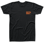 Front view of black t-shirt with orange logo saying ESTD. 1991 and a small circle H/L Logo on the left chest.