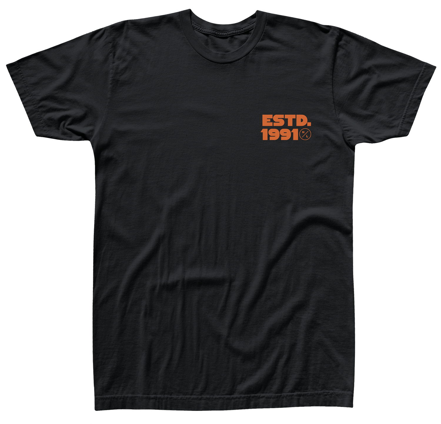 Front view of black t-shirt with orange logo saying ESTD. 1991 and a small circle H/L Logo on the left chest.