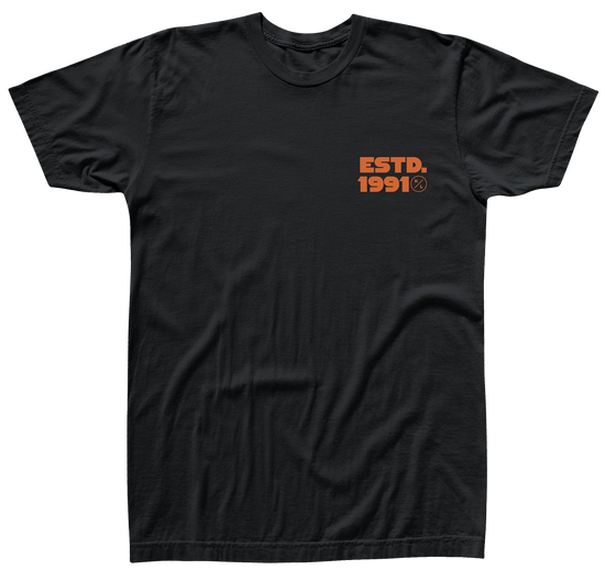 Front view of black t-shirt with orange logo saying ESTD. 1991 and a small circle H/L Logo on the left chest.