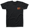Front view of black t-shirt with orange logo saying ESTD. 1991 and a small circle H/L Logo on the left chest.