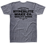 Front view of gray t-shirt with large black logo that says Vessels of H20 amusement, HYPERLITE WAKE CO. , Quality goods don't fear time, USA.