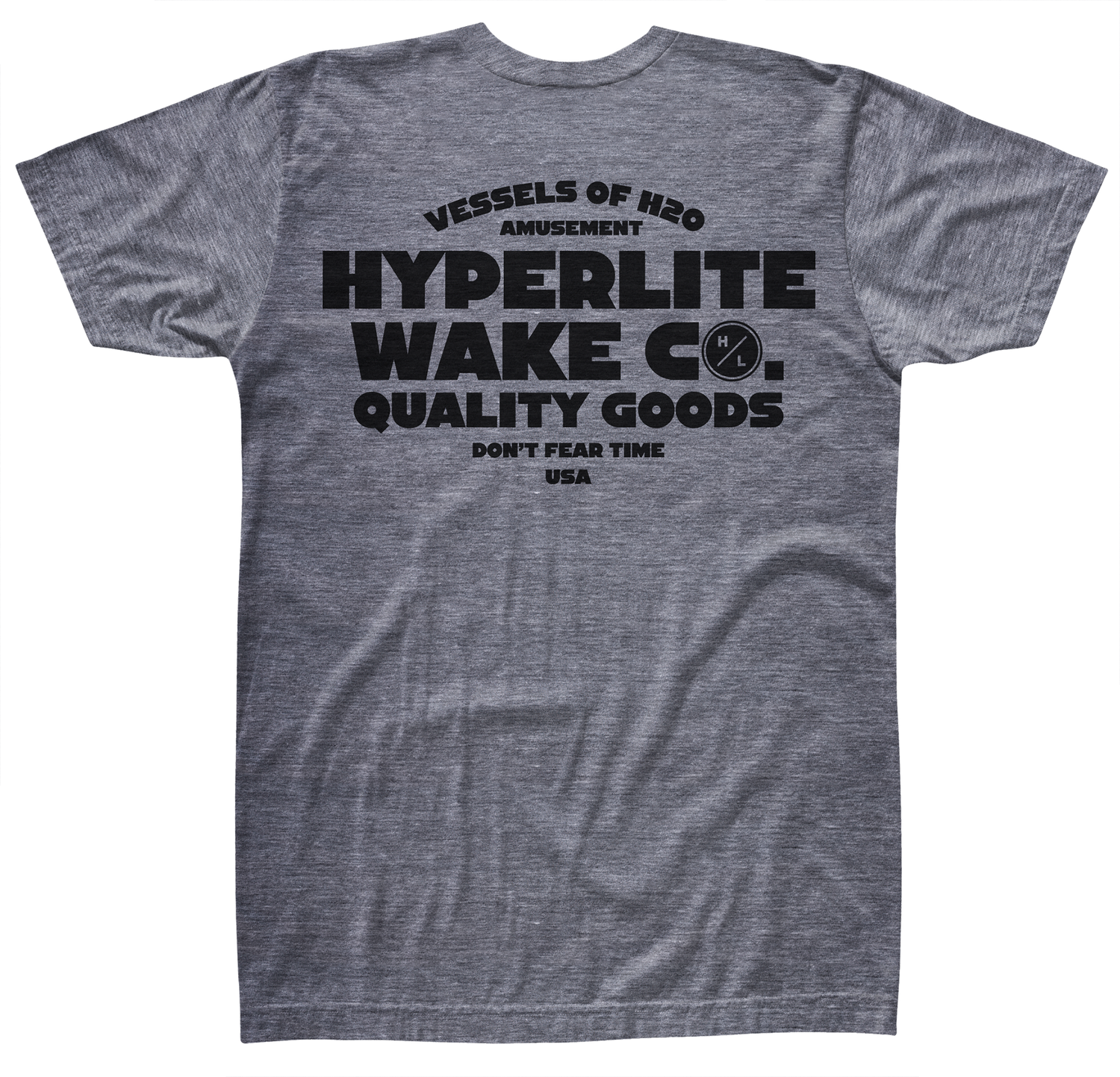 Front view of gray t-shirt with large black logo that says Vessels of H20 amusement, HYPERLITE WAKE CO. , Quality goods don't fear time, USA.