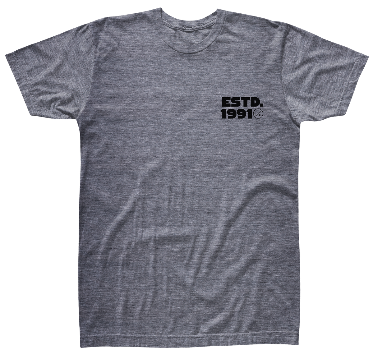 Front view of gray t-shirt with black logo saying ESTD. 1991 and a small circle H/L Logo on the left chest.