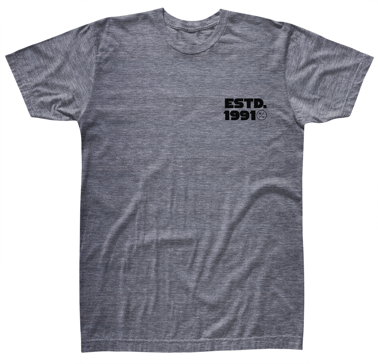 Front view of gray t-shirt with black logo saying ESTD. 1991 and a small circle H/L Logo on the left chest.
