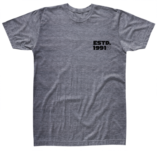 Front view of gray t-shirt with black logo saying ESTD. 1991 and a small circle H/L Logo on the left chest.