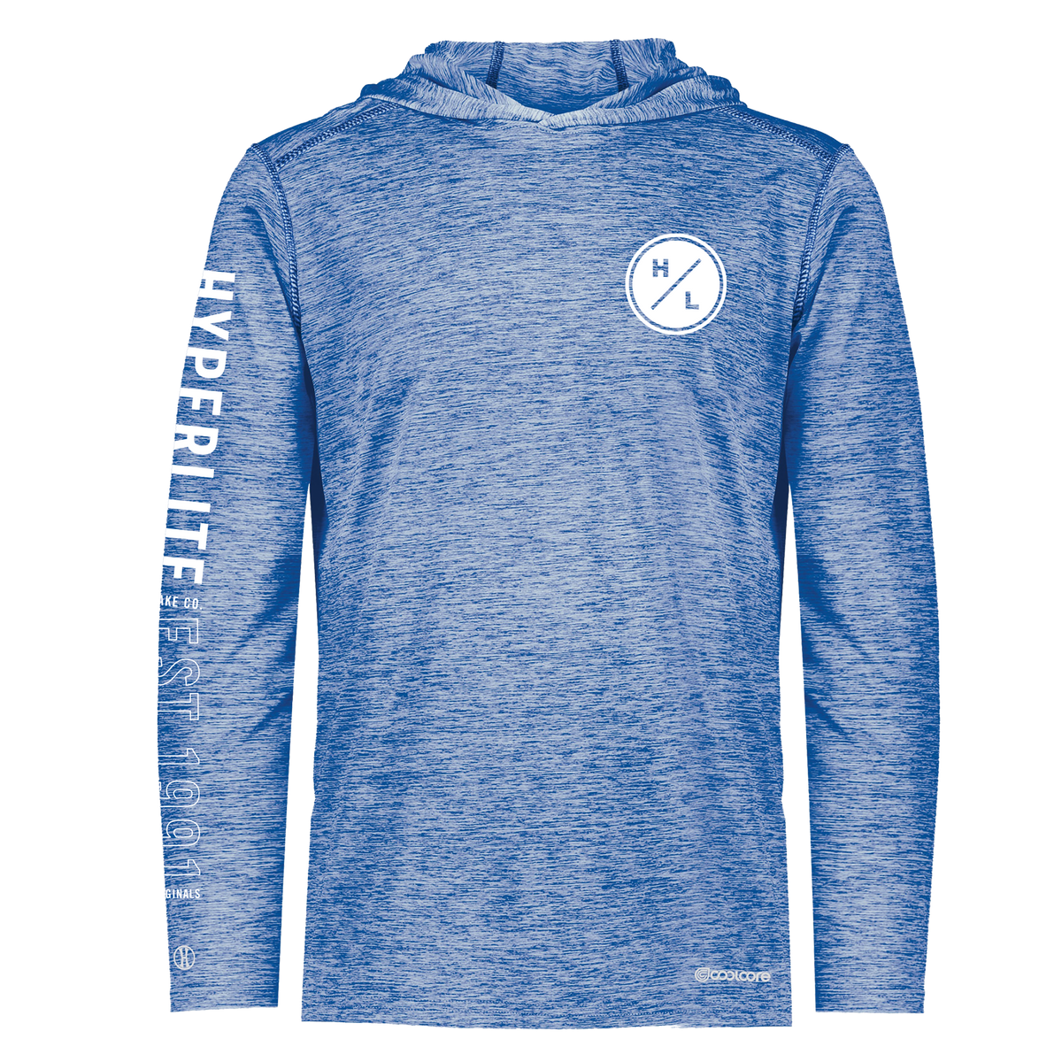Front view of the Cooler SPF Long Sleeve Hoodie in royal blue with chest and sleeve graphics.