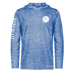 Front view of the Cooler SPF Long Sleeve Hoodie in royal blue with chest and sleeve graphics.