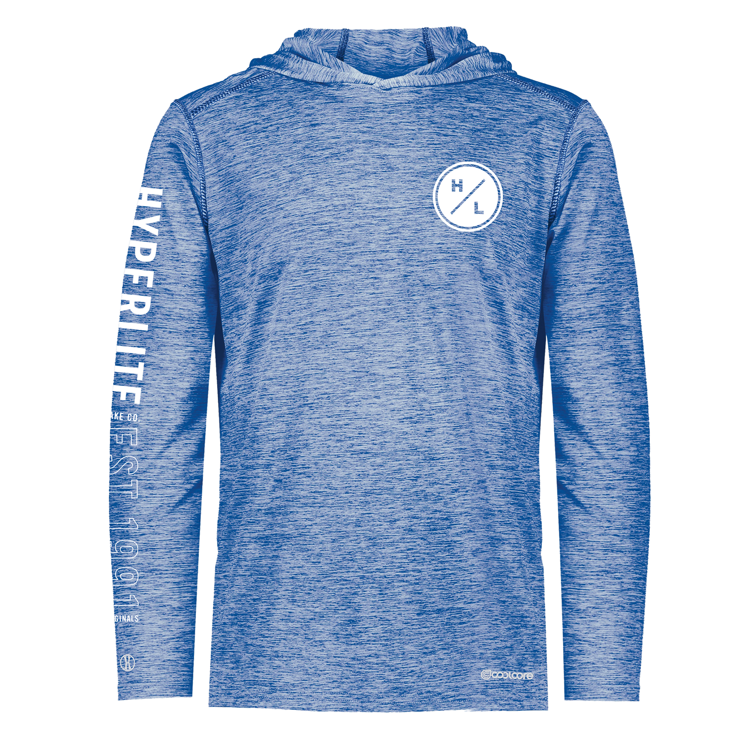 Front view of the Cooler SPF Long Sleeve Hoodie in royal blue with chest and sleeve graphics.