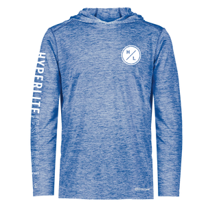 Front view of the Cooler SPF Long Sleeve Hoodie in royal blue with chest and sleeve graphics.