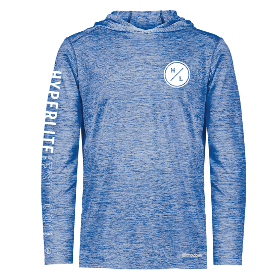 Front view of the Cooler SPF Long Sleeve Hoodie in royal blue with chest and sleeve graphics.
