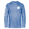 Front view of the Cooler SPF Long Sleeve Hoodie in royal blue with chest and sleeve graphics.